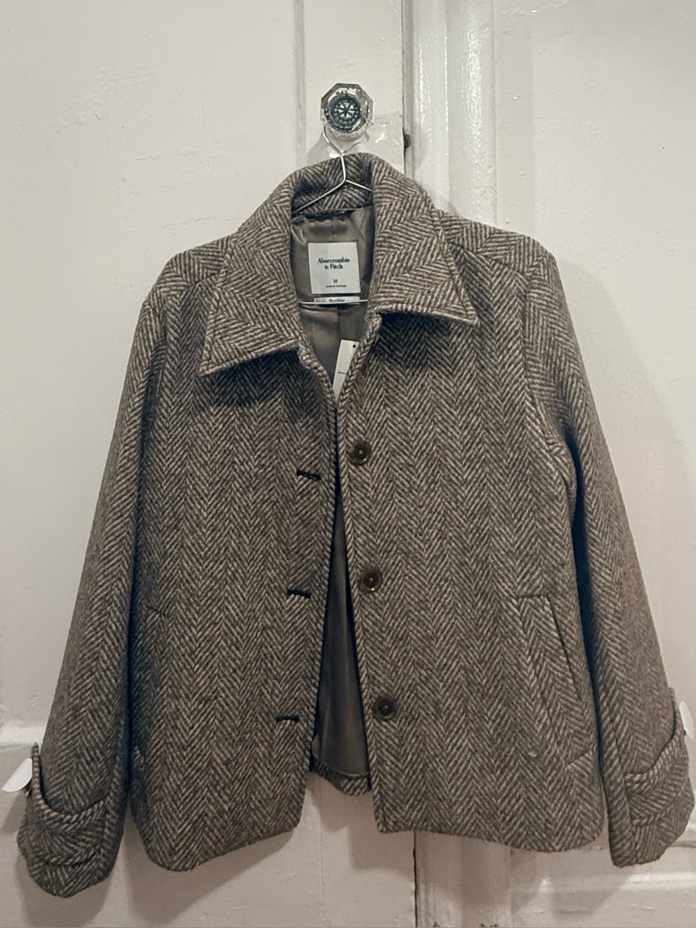 Abercrombie & Fitch Men's Taupe Herringbone Wool Pea Coat